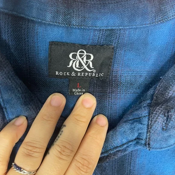 Rock & Republic Blue Black Plaid Flannel Haute Madre DIY Long Sleeve - Picture 7 of 8